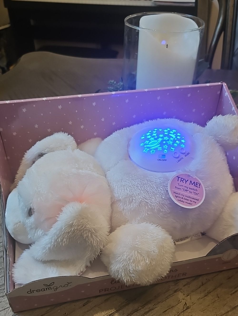 Plush Sleep Puppy Projector Soother - Soft White with Blush Ears NWT